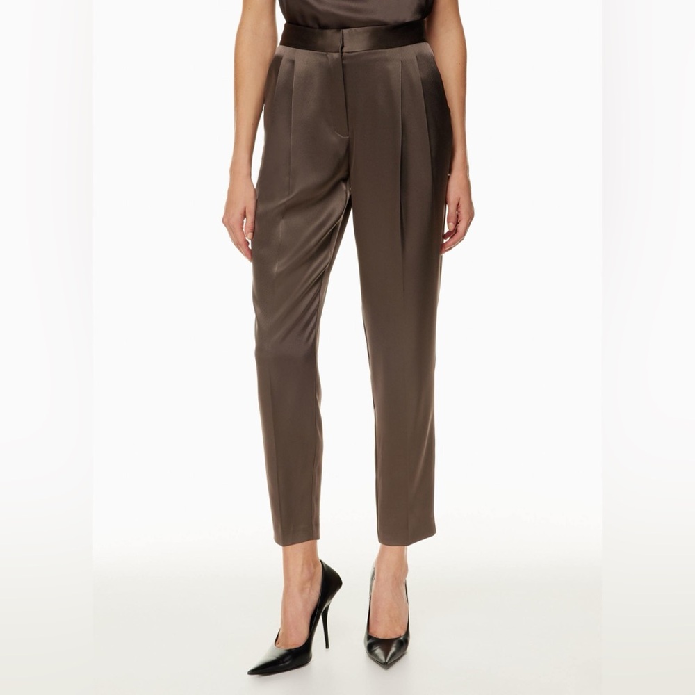 Babaton Cropped Satin Tapered Pants in Olive Brown